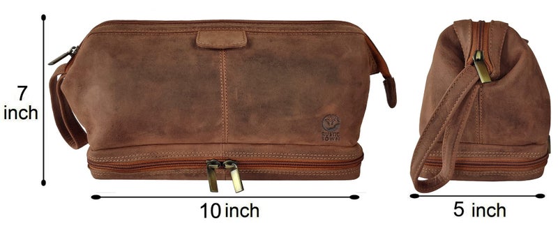 RUSTIC TOWN Leather Toiletry Bag for Men - Travel Gift Shaving Dopp Kit - Bathroom Shower Organizer - Cosmetic Makeup Bag for Women (Brown) - Image 3